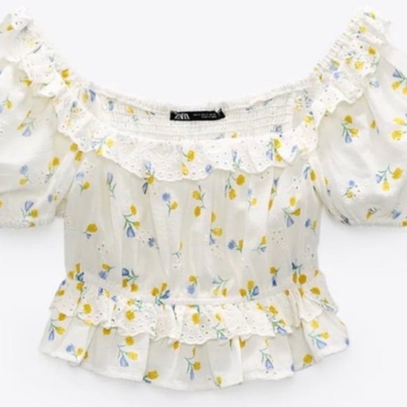 NEW Zara Floral Embroidered Eyelet Ruffle Crop Top - Picture 5 of 7